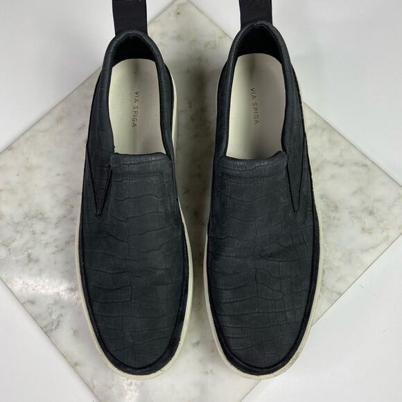 Via Spiga Black Slip On Sneakers Leather Embossed Croc Flatform Size 8 $225 - Picture 3 of 9